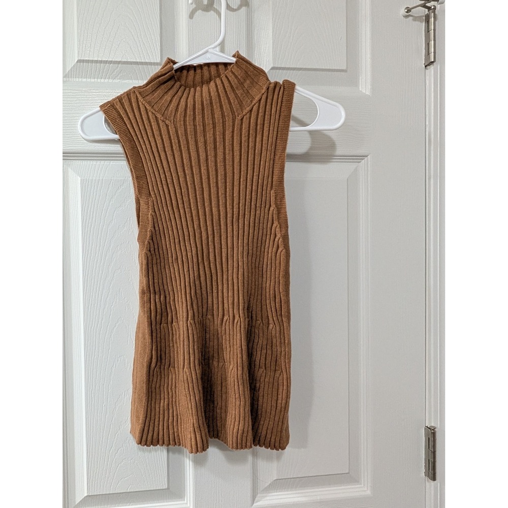 Anthropologie, MOTH, Small, Sleeveless, Ribbed Mock‎ Neck Sweater, Caramel, Wool